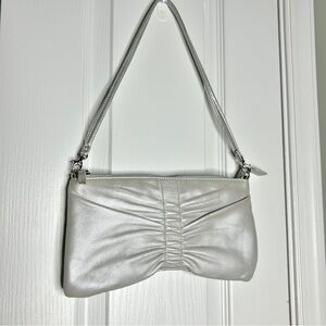 Anthropologie Vibes Genuine Leather Y2K Silver Ruched Clutch Baguette Handbag